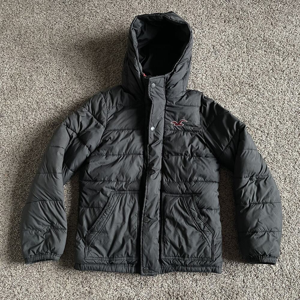 Hollister Y2K Men’s Hooded Puffer Jacket Grey Size M Zip Up Winter Coat Preppy